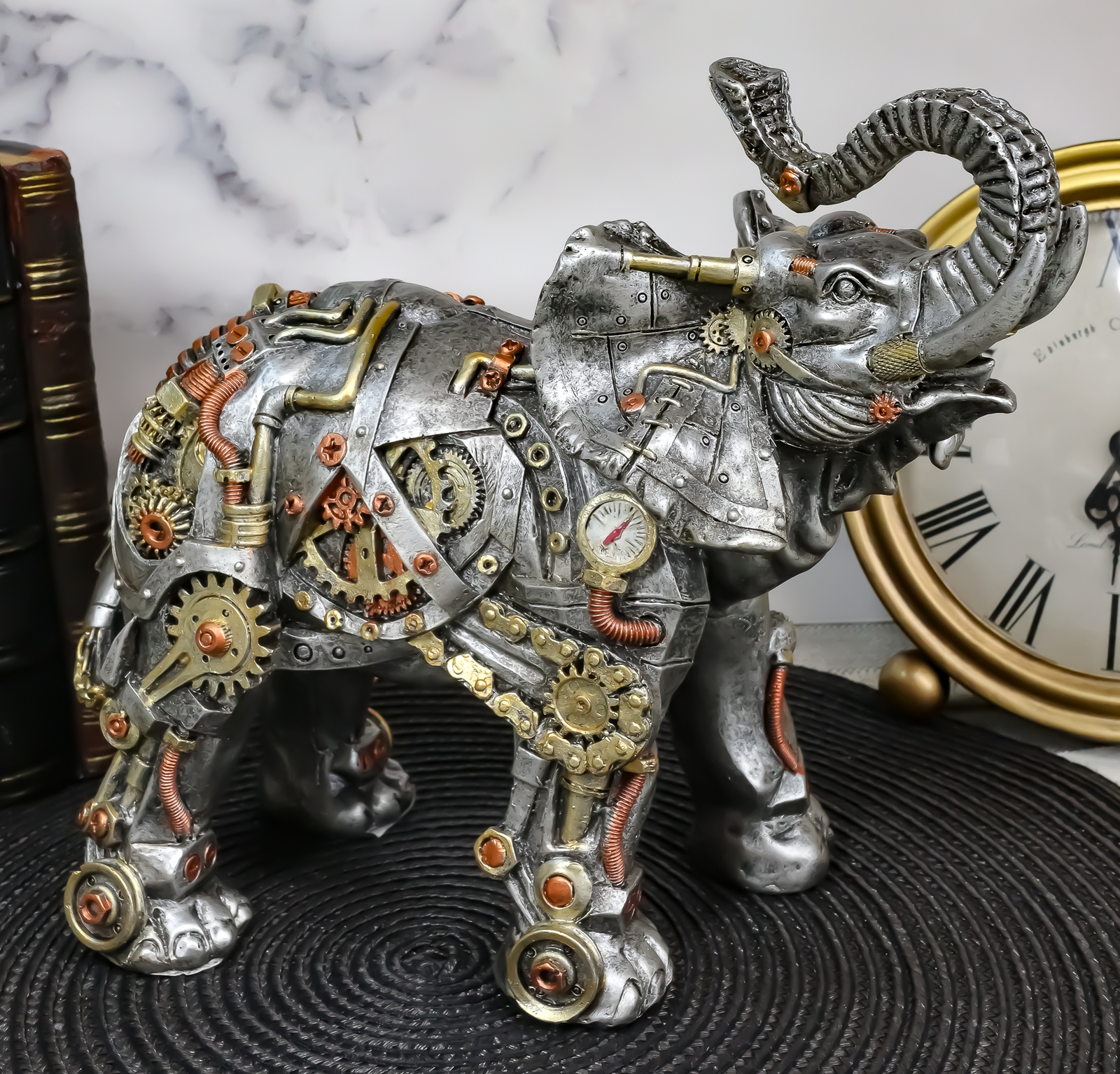 Ebros Steampunk Pressure Valve Geared Cyborg Elephant with Trunk Up Figurine