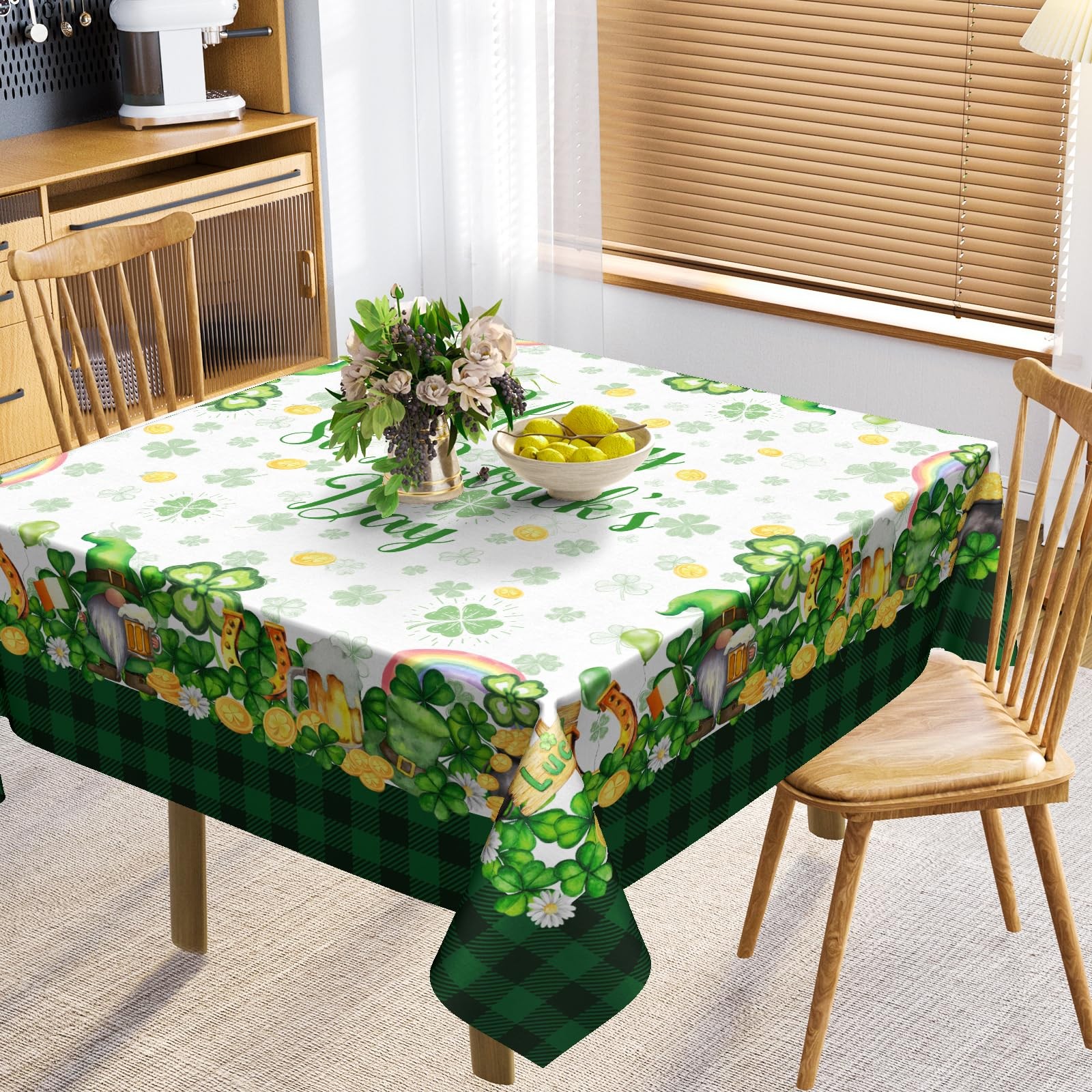 Happy St. Patricks Day Tablecloth 52x52 Inch Square Green Shamrock Gnome Tabl...