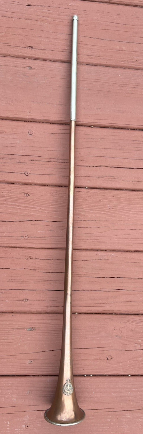 Signed George Potter Copper Brass Silver Long Fox Hunting Horn Wicker Sheath