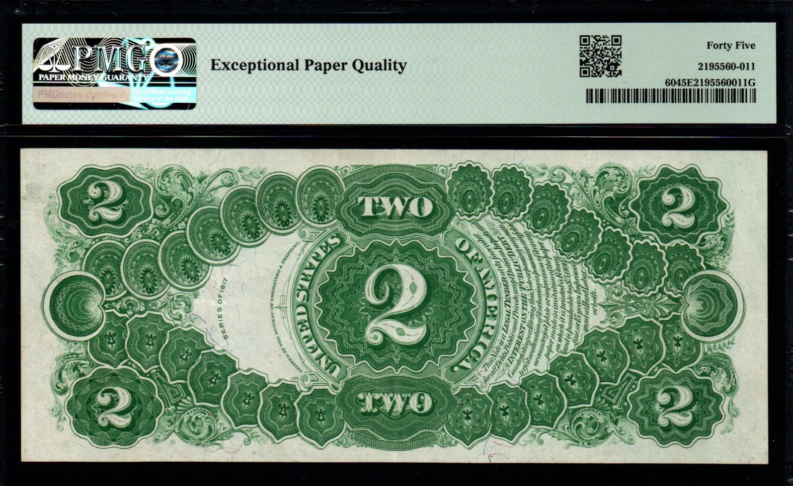 1917 $2 LARGE Size PMG Choice XF 45 EPQ Legal Tender United States Note!