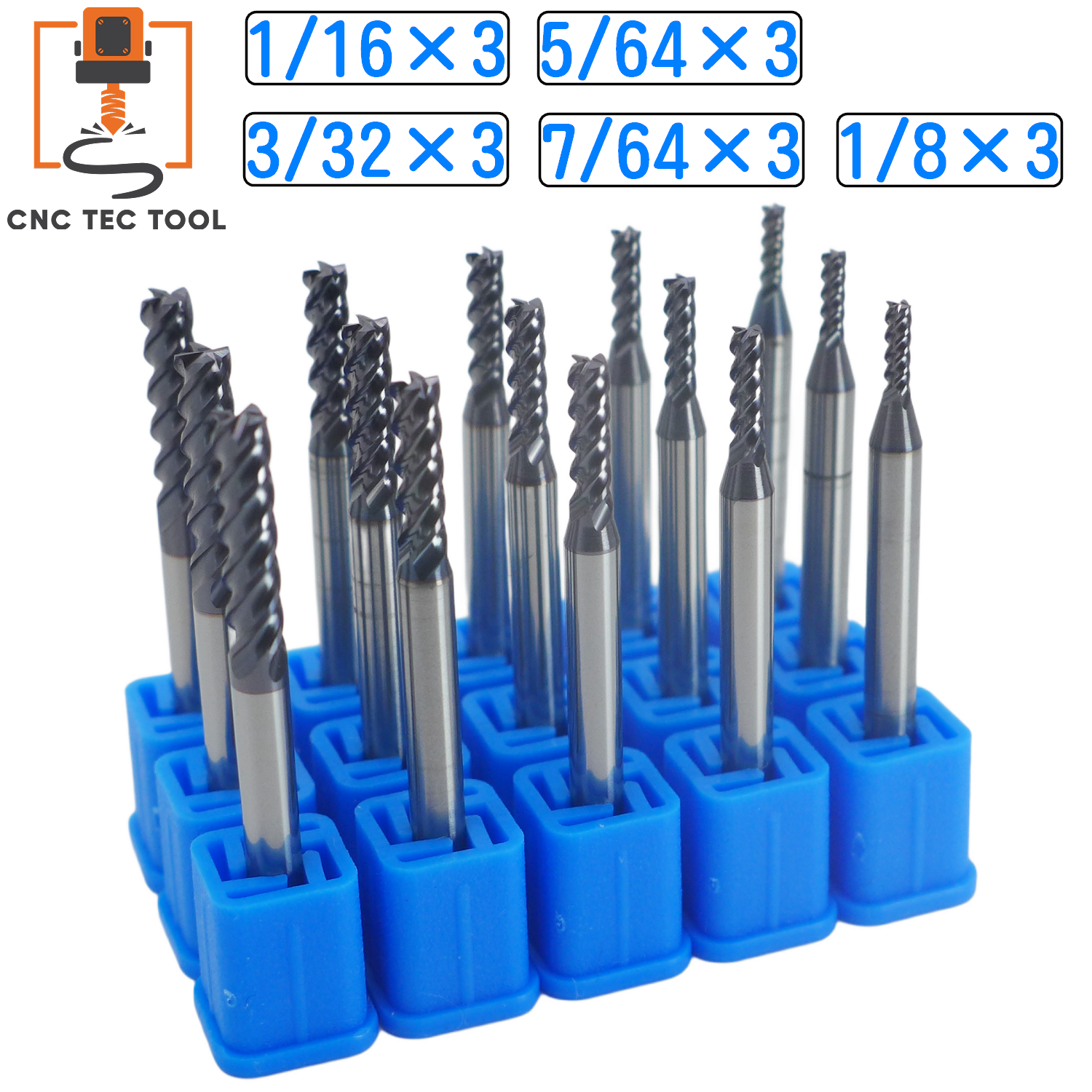 15 PCS Set 1/16" 5/64" 3/32" 7/64" 1/8" Square Carbide End Mill AlTiCrN Coated