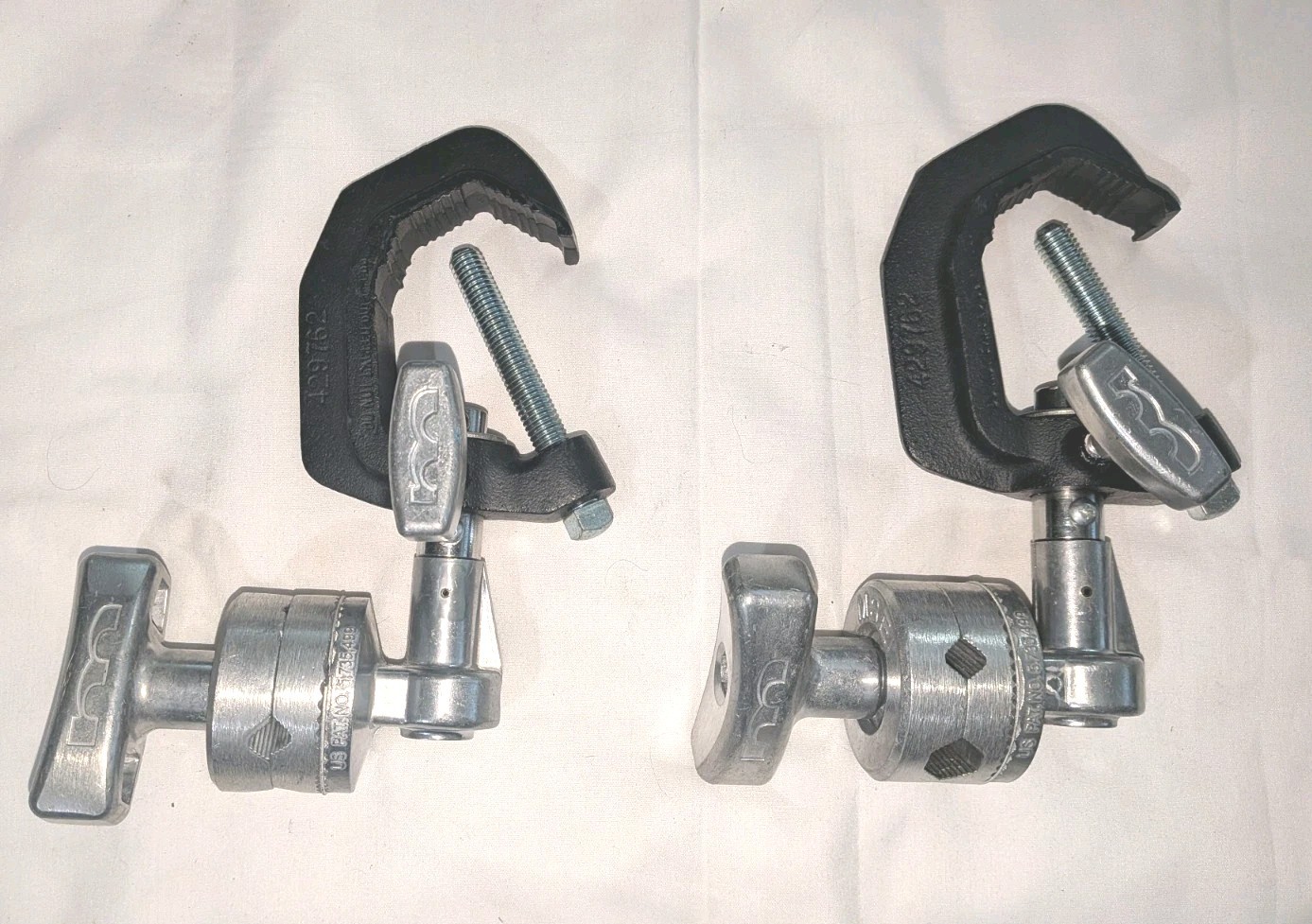 (2) MATTHEWS 429762 Studio Light Hanger Beam CLAMPS w/ MSE Hollywood Grip Heads