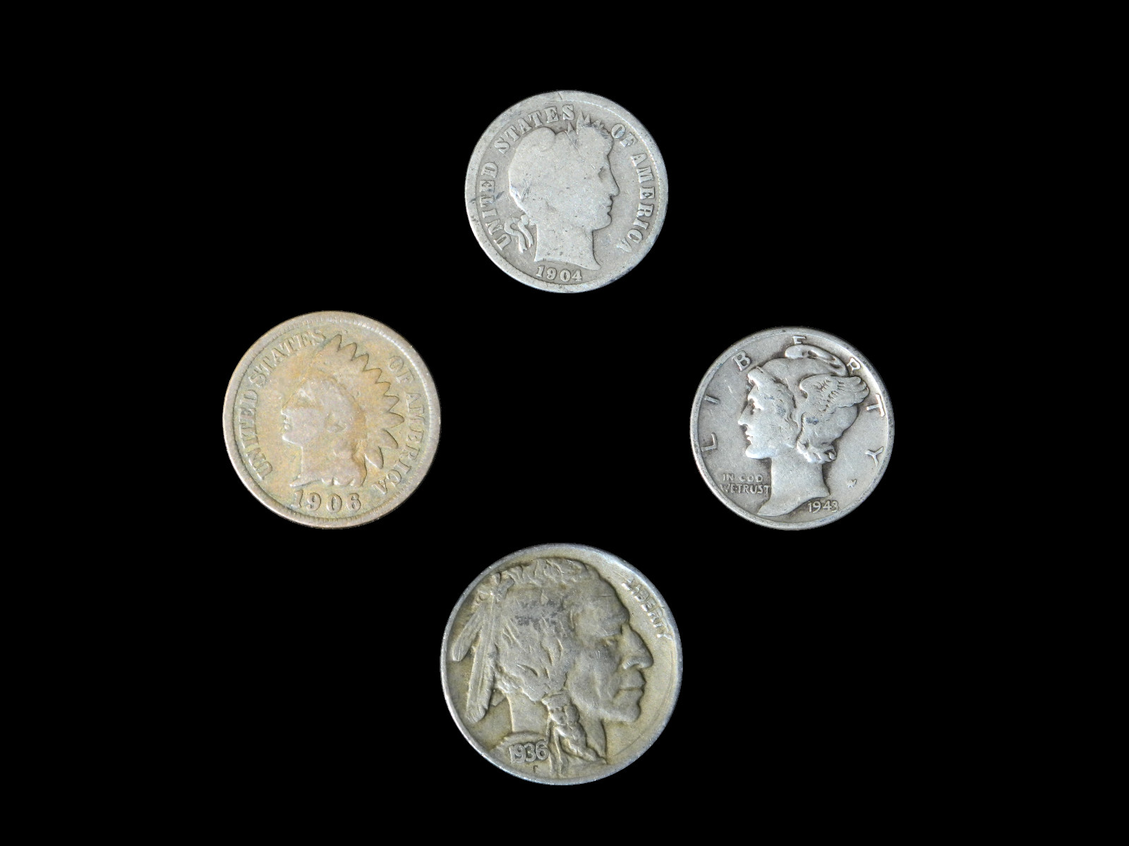 4 Coin US Estate Lot Set Barber Dime Buffalo Indian Head & Mercury