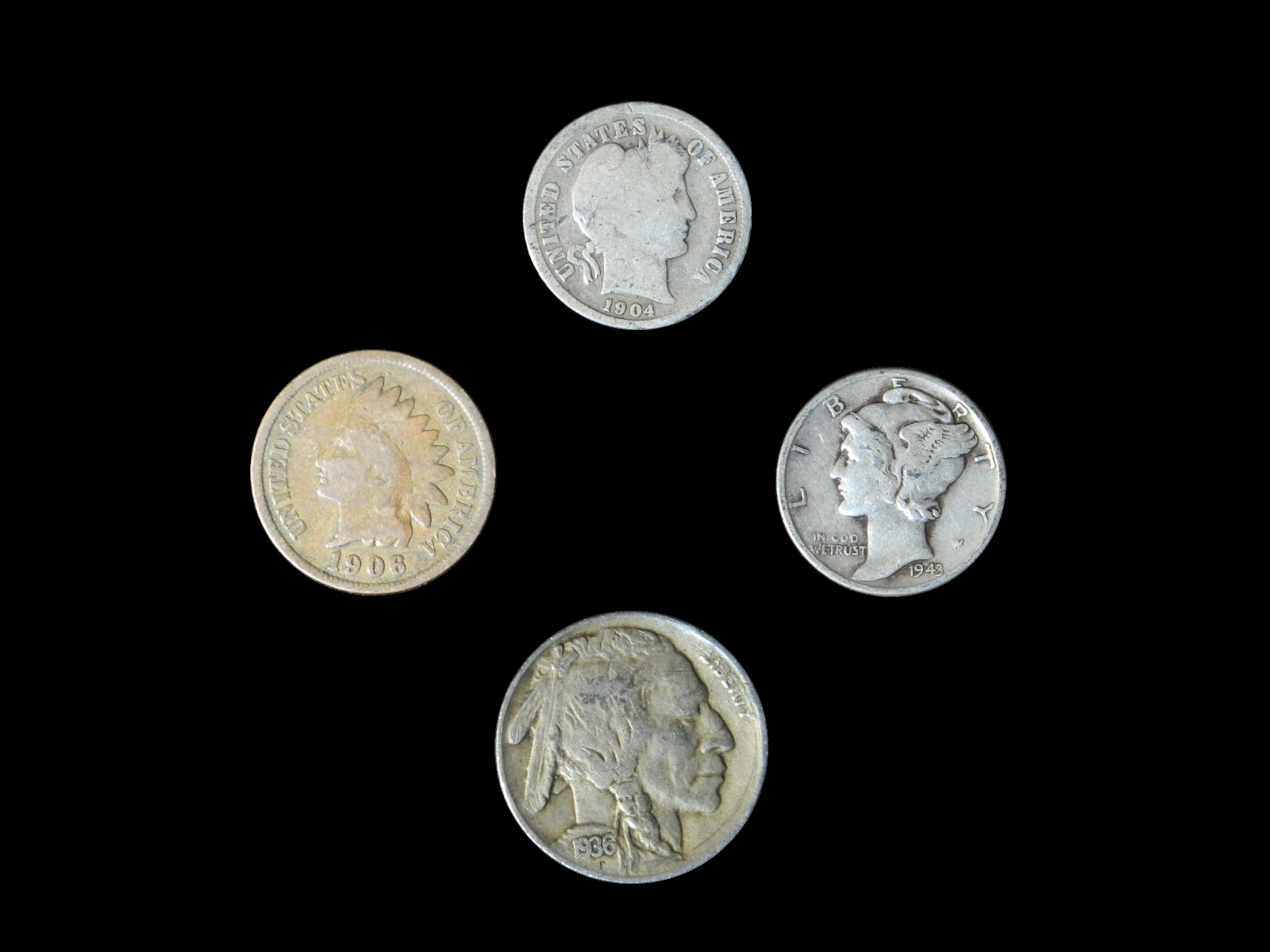 4 Coin US Estate Lot Set Barber Dime Buffalo Indian Head & Mercury