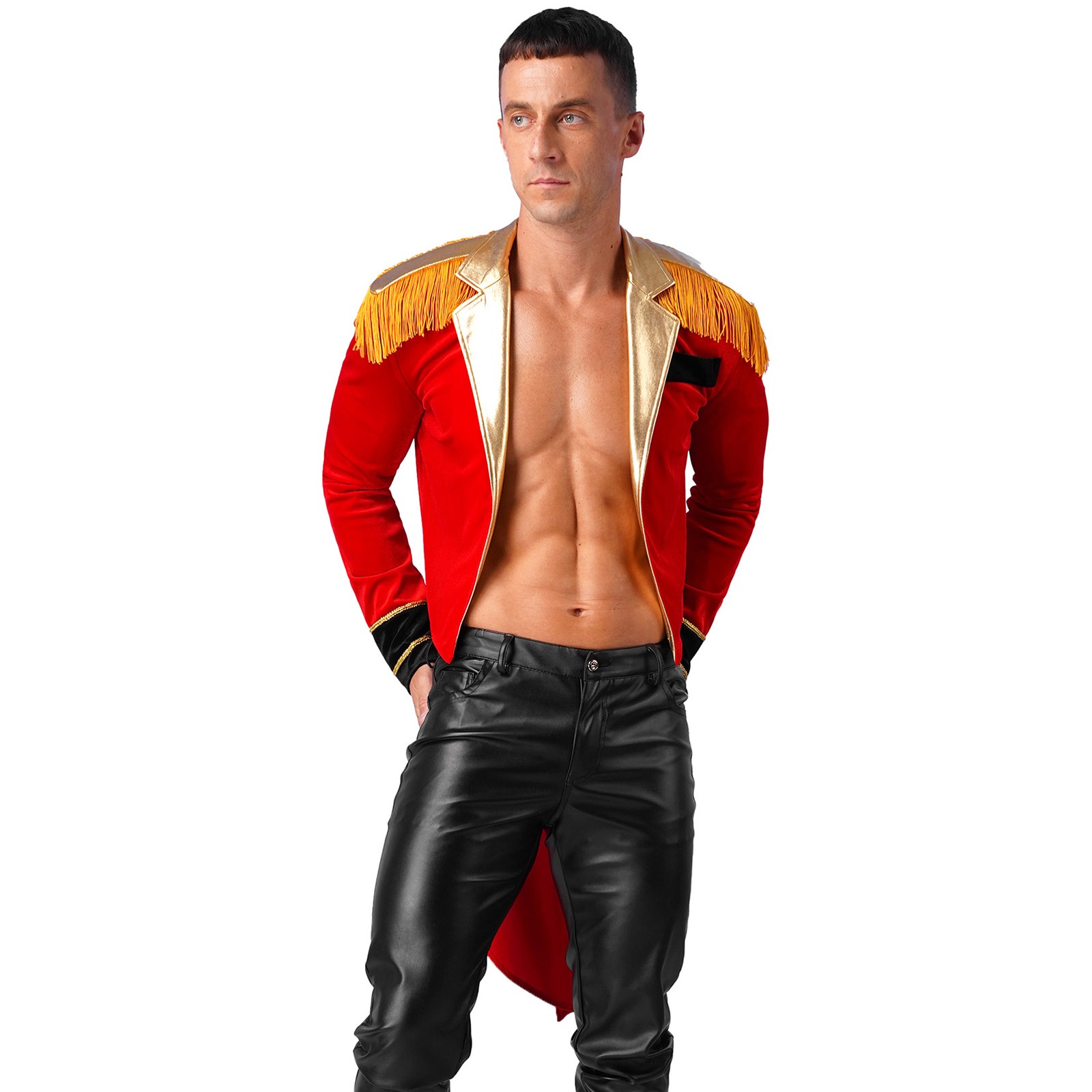 US YiZYiF Men Velvet Tassel Tailcoat Halloween Circus Ringmaster Cosplay Uniform