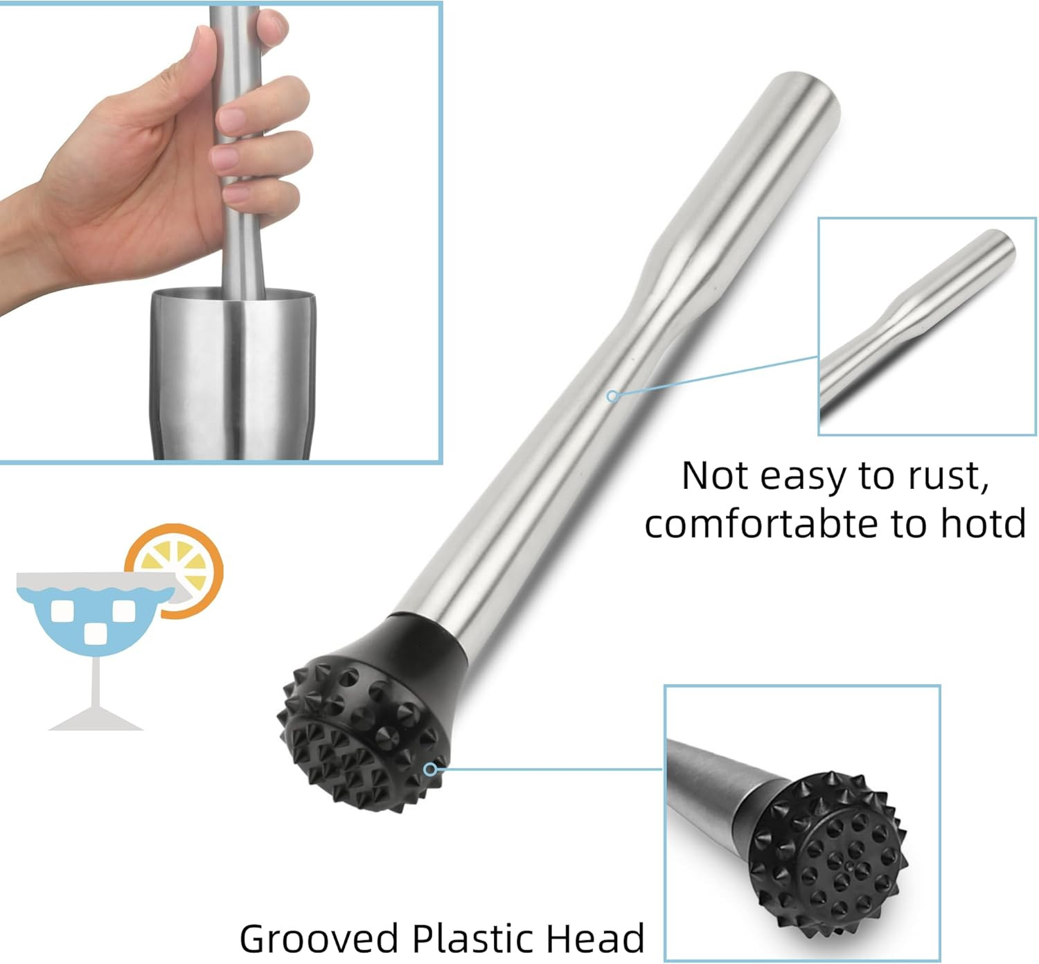 Muddler for Cocktails Stainless Steel, Muddlers Pestle with Stirring Spoon, Bart