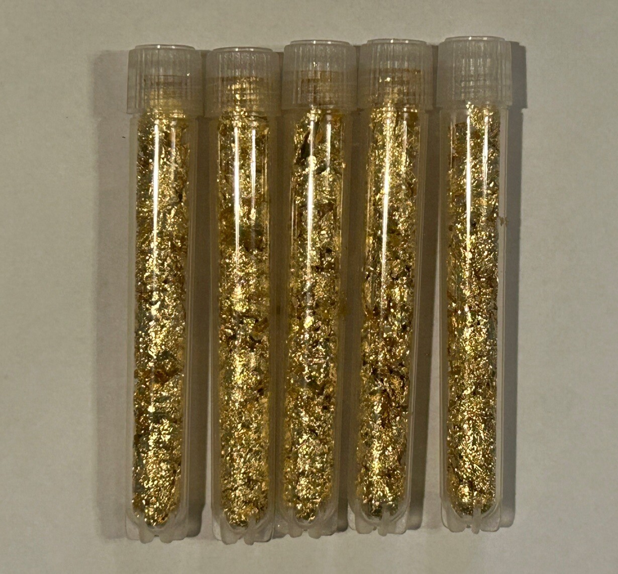 5 Gold Flake Large Vials... 5mil. 3.5” Stand able Test Tubes. BEST DEAL !!