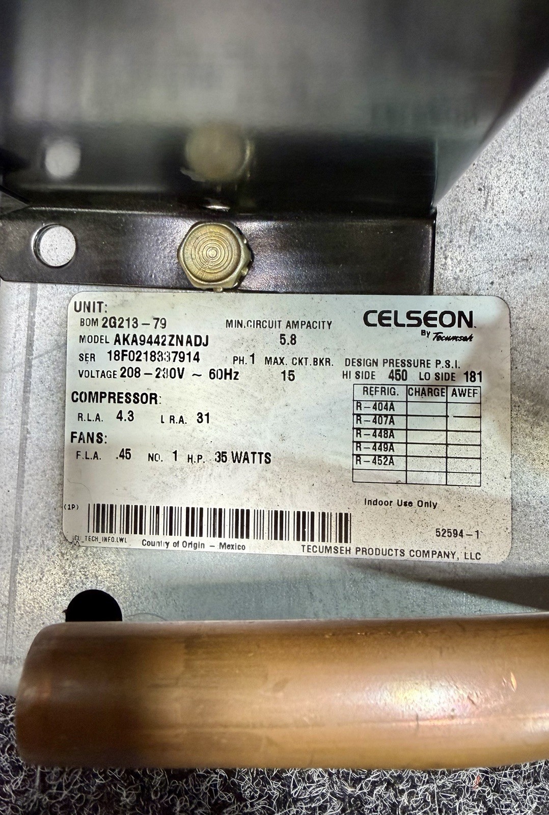 Tecumseh Celseon AKA9442ZNADJ Condensing Unit 1/2 HP, R-404A, 208-230V, 2G213-79