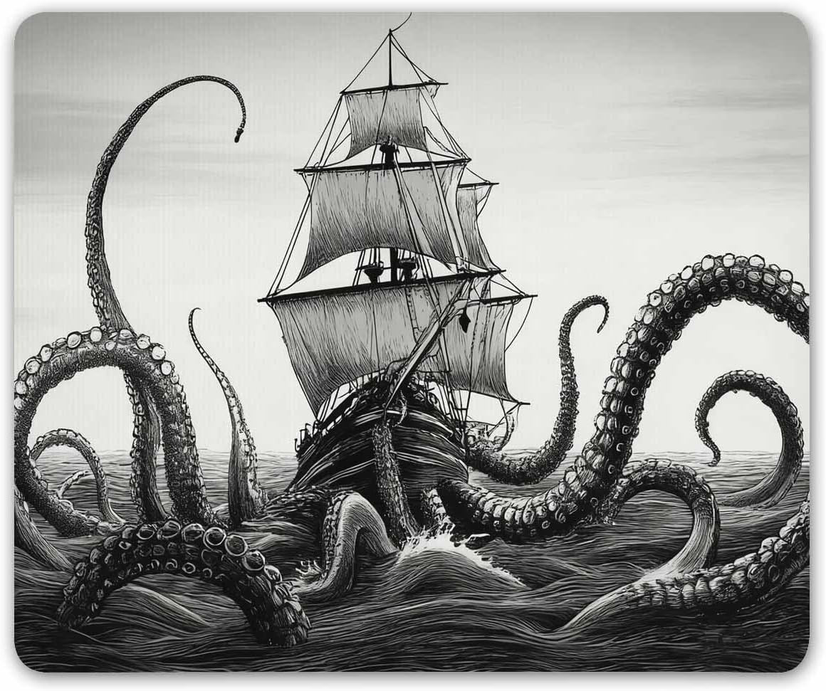 Kraken Mouse Pad - Sail Boat Waves & Octopus - Non-Slip Rubber - Gaming Mouse Pa