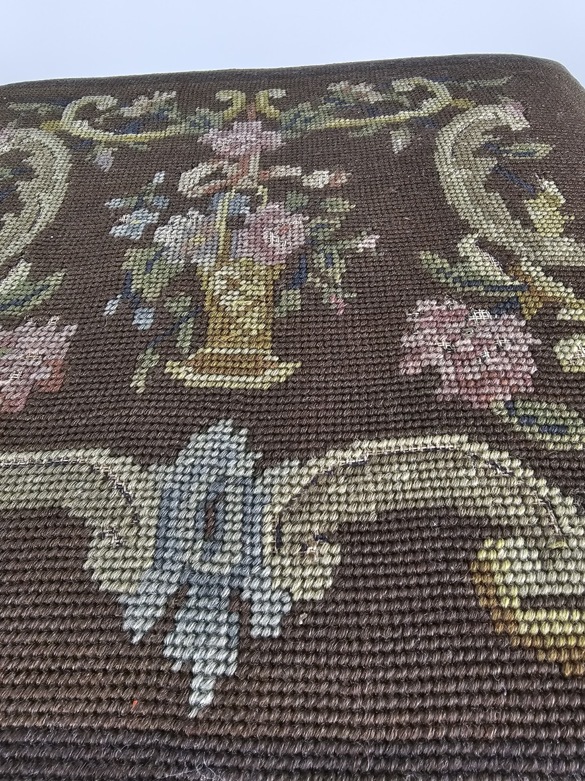 Antique Floral Needlepoint Footstool Victorian Decorative Stool (c. 1890–1915)
