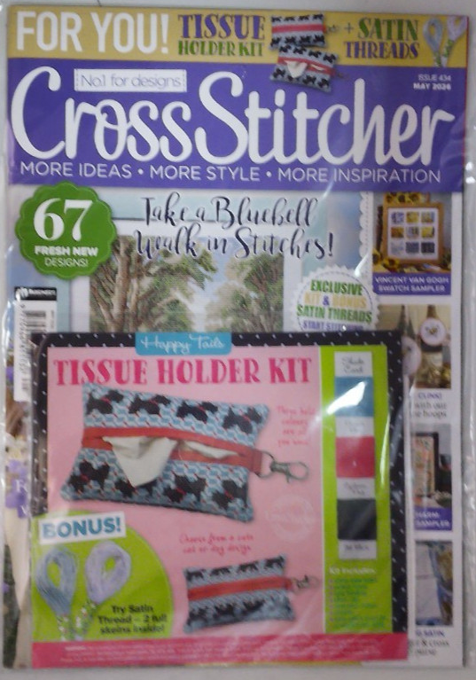 Cross Stitcher magazine May 2026 Take a bluebell walk in stitches +Tissue Holder