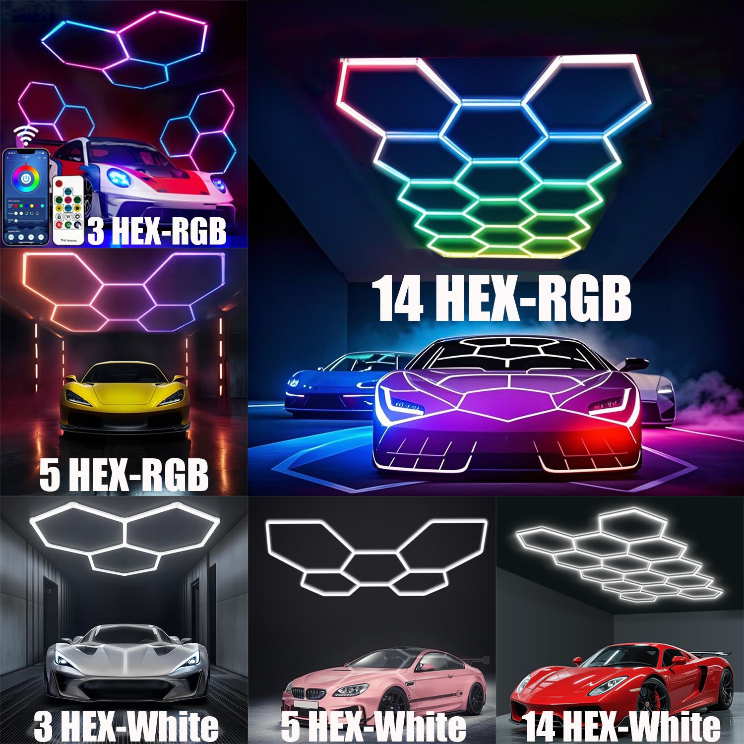 3/5/14 Grid Hexagon Garage Lights System Honeycomb Hex LED Light for Garage Gym