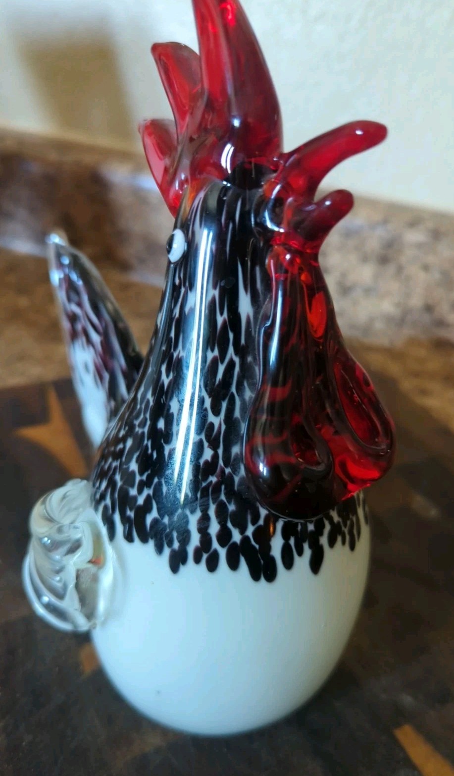Black White Red Art Glass Heavy Rooster Bird Figurine Farm Decor Paperweight