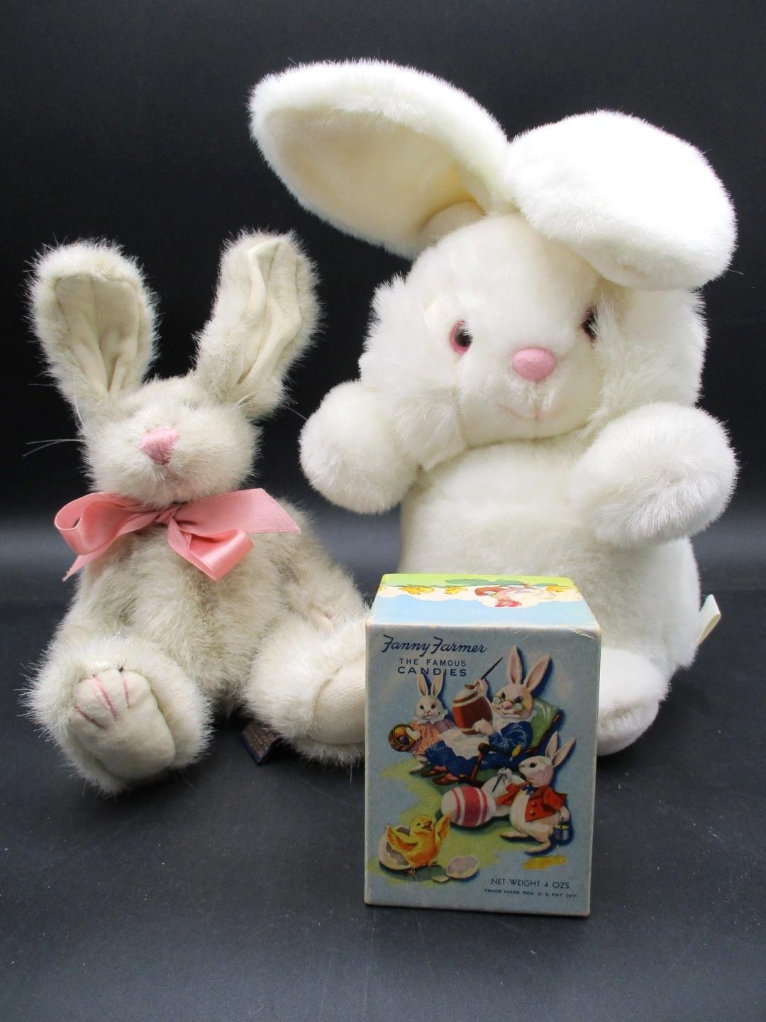Vintage Fanny Farmer Candies Easter Box + 2 Plush Stuffed Bunny Rabbits BOYDS