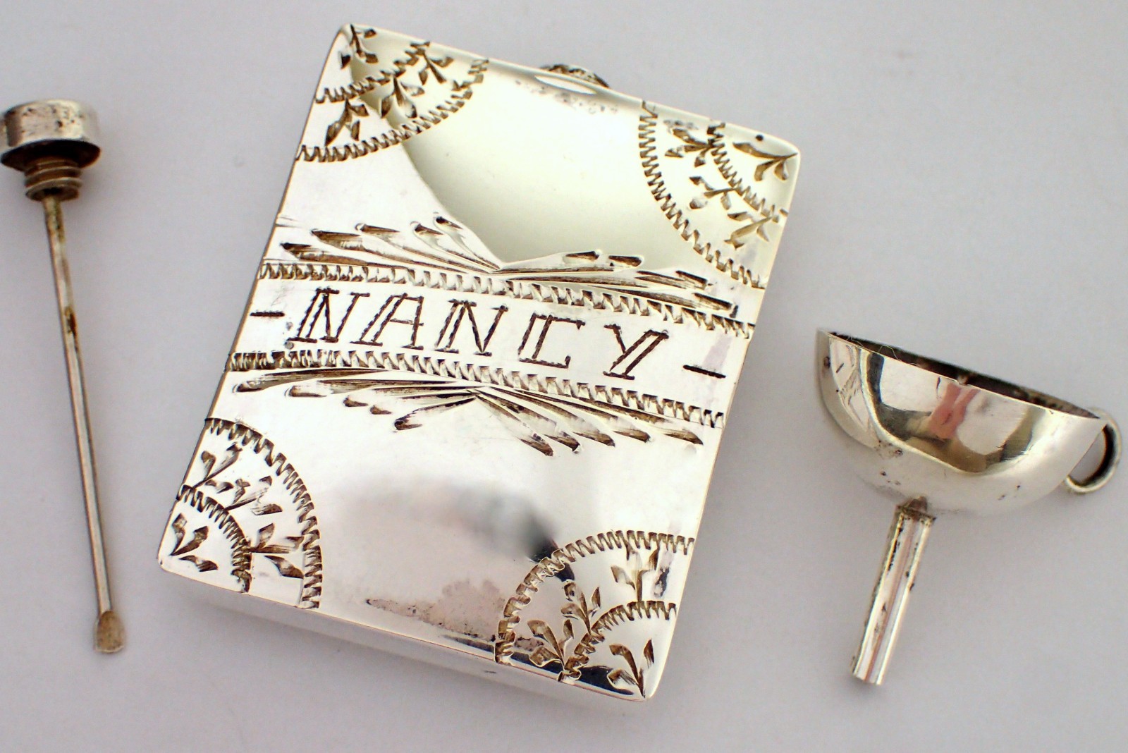 Vtg Mexican Sterling Monterrey Etched NANCY Perfume Scent Bottle Flask w Funnel