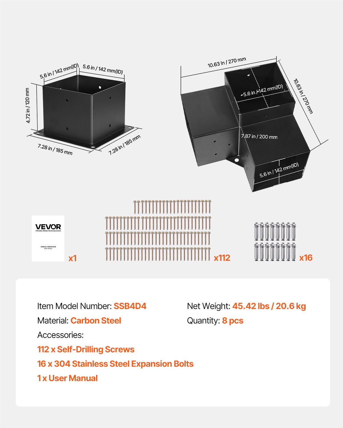 VEVOR 6x6" Pergola Bracket Kit Inner 5.5x5.5 3-Way Brackets 4 Pcs with 4 Bases