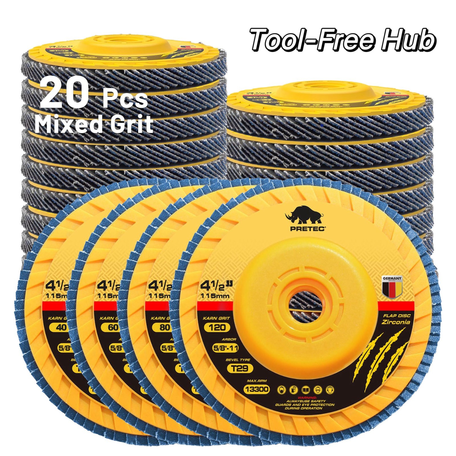 20PC 4-1/2"Zirconia Flap Discs T29 Tool-Free 40/60/80/120 Grit for Angle Grinder