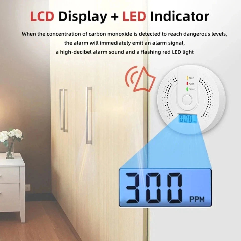 Carbon Monoxide Detector Warning Safety Alarm Sensor LED Digital Battery Powered