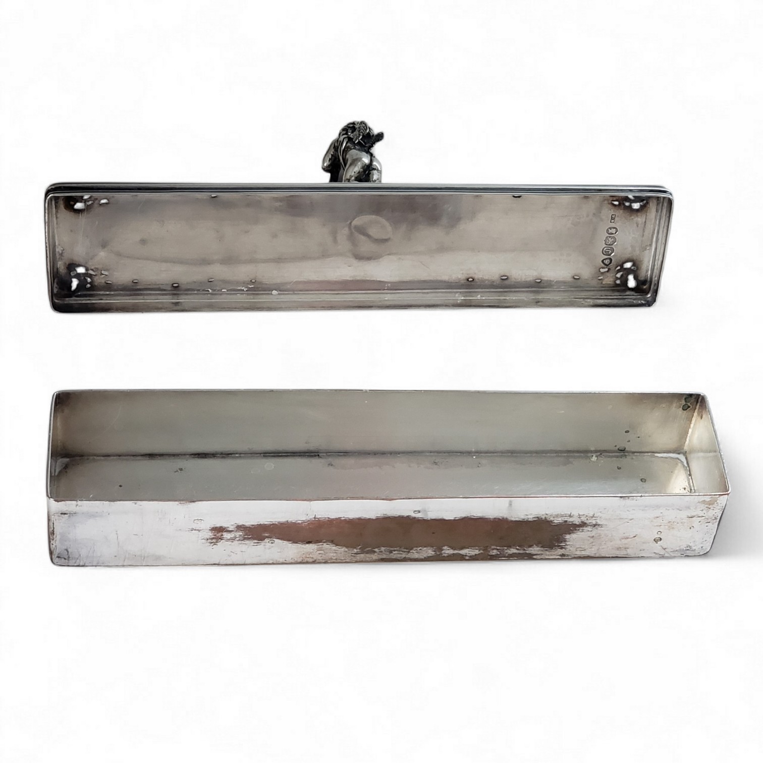 Antique 1840 Thomas Dicks Sterling Lid Cherub Handle Silver Plate Box London