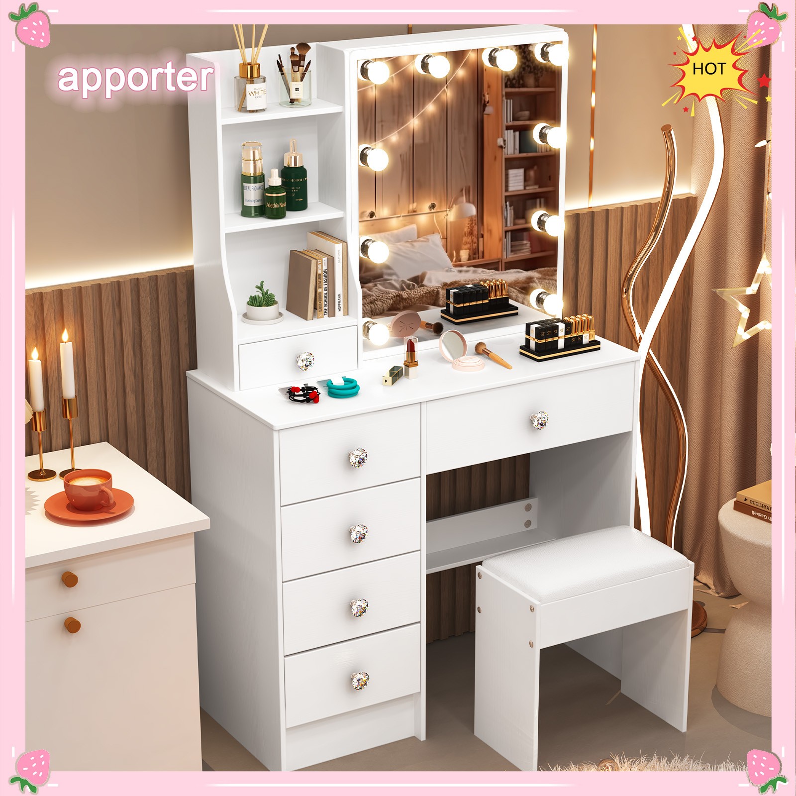 10 LED Lights w/3 Colors Mirror &Drawer Dresser Table Makeup Desk for Xams gifts