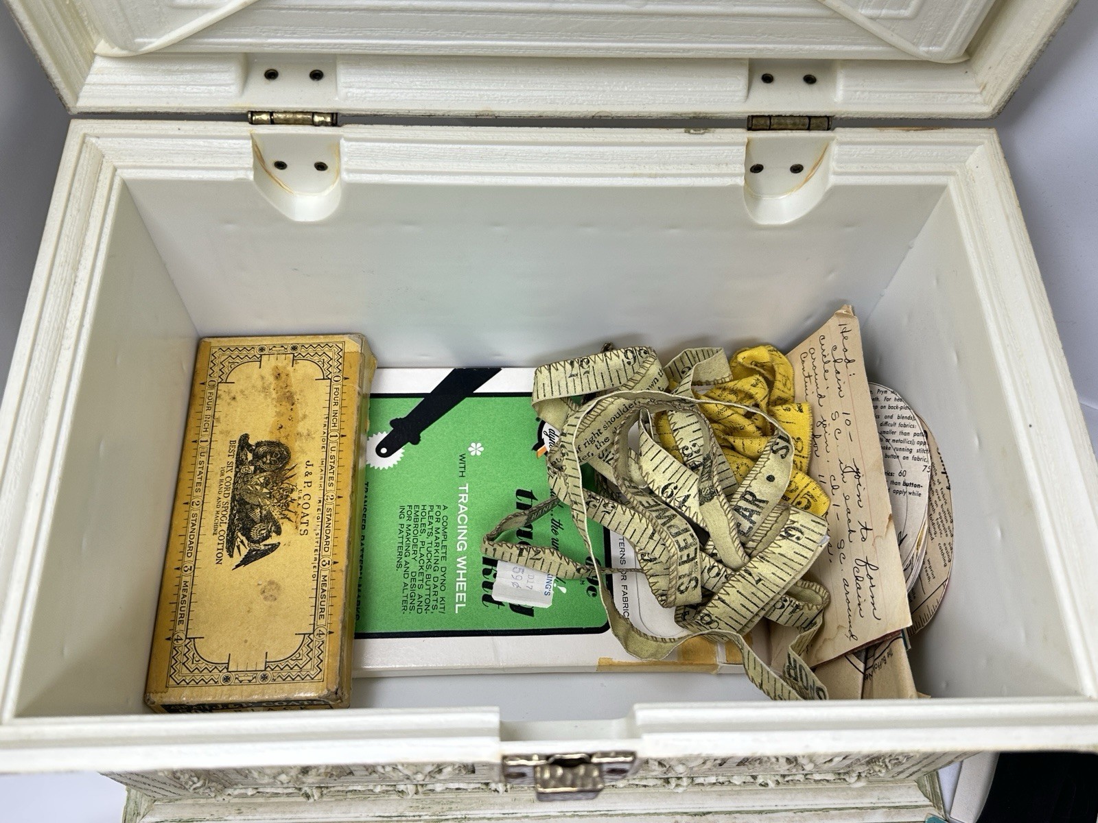 Vintage Max Klein Sewing Box Faux Wood Plastic Storage with Contents Supplies