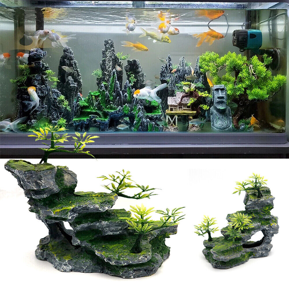 Large Fish Tank Decorations Mountain View Aquarium Ornament with Tree House Cave