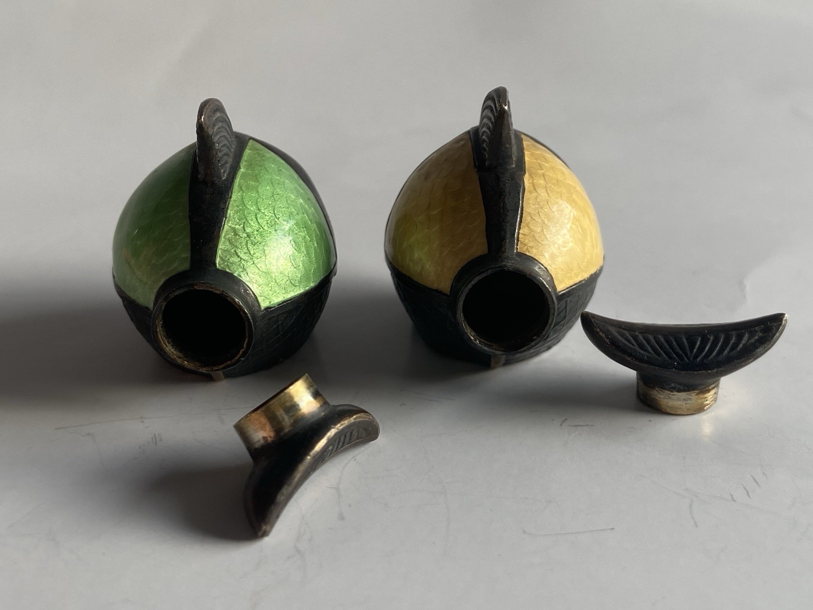 Sterling Silver Guilloche Enameled Norwegian Fish Salt And Pepper Antique 925.