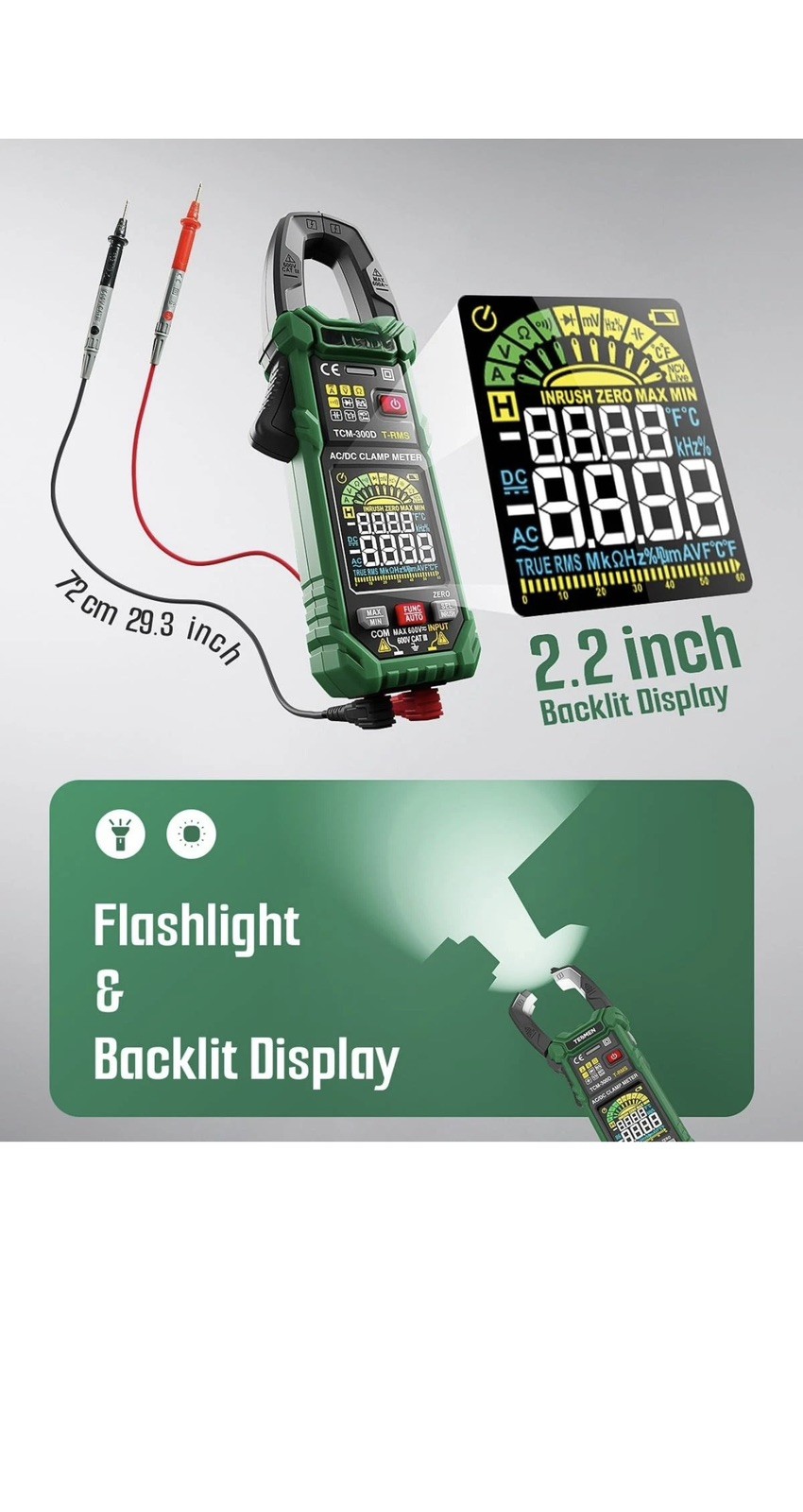 TCM-300D Digital Clamp Meter, 6000 Counts Multimeter, Auto-Ranging Voltmeter