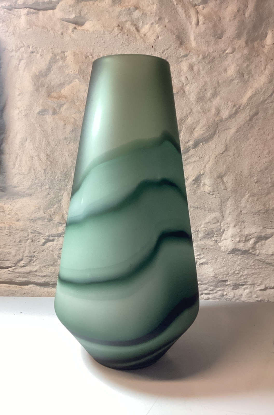 Beautiful Large Art Glass Vase Jade Green Wave Sandblasted Tall Sturdy 13.5 in