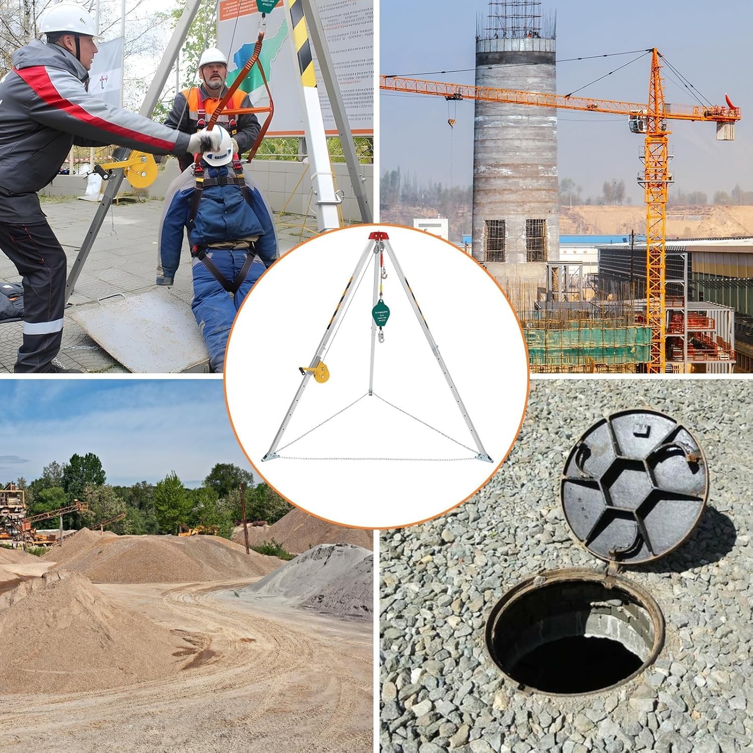 Safety Confined Space Lifting Winch Tripod Sewer Rescue Pole Kit with 1200 LBS