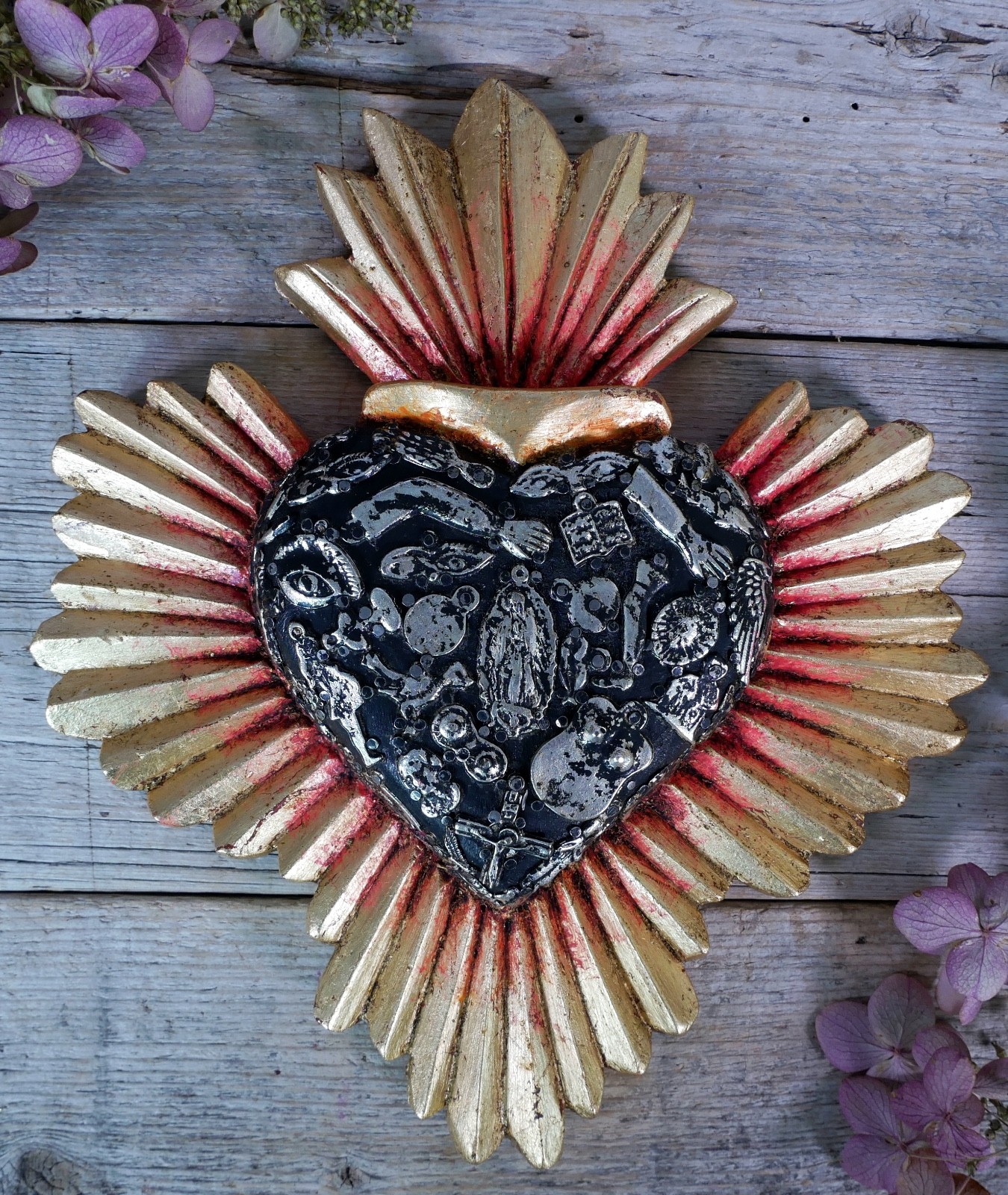 Heart Gold Starburst Milagros Guadalupe Wood Handmade Michoacan Mexican Folk Art