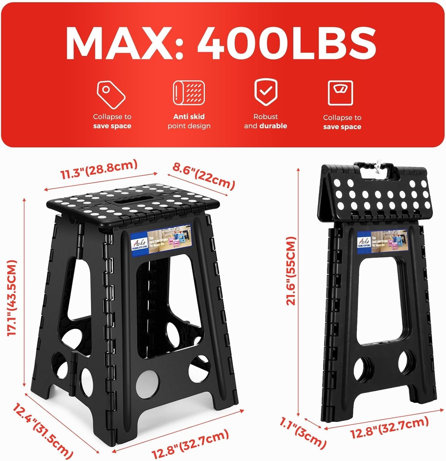 Folding Step Stool Plastic Foldable Stools Upgraded Lock Version 11" 16" 17.5"