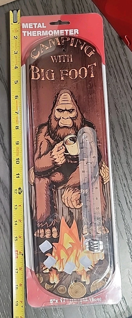Camping with Bigfoot Vintage Thermometer Sign - Embossed Metal Indoor/Outdoor
