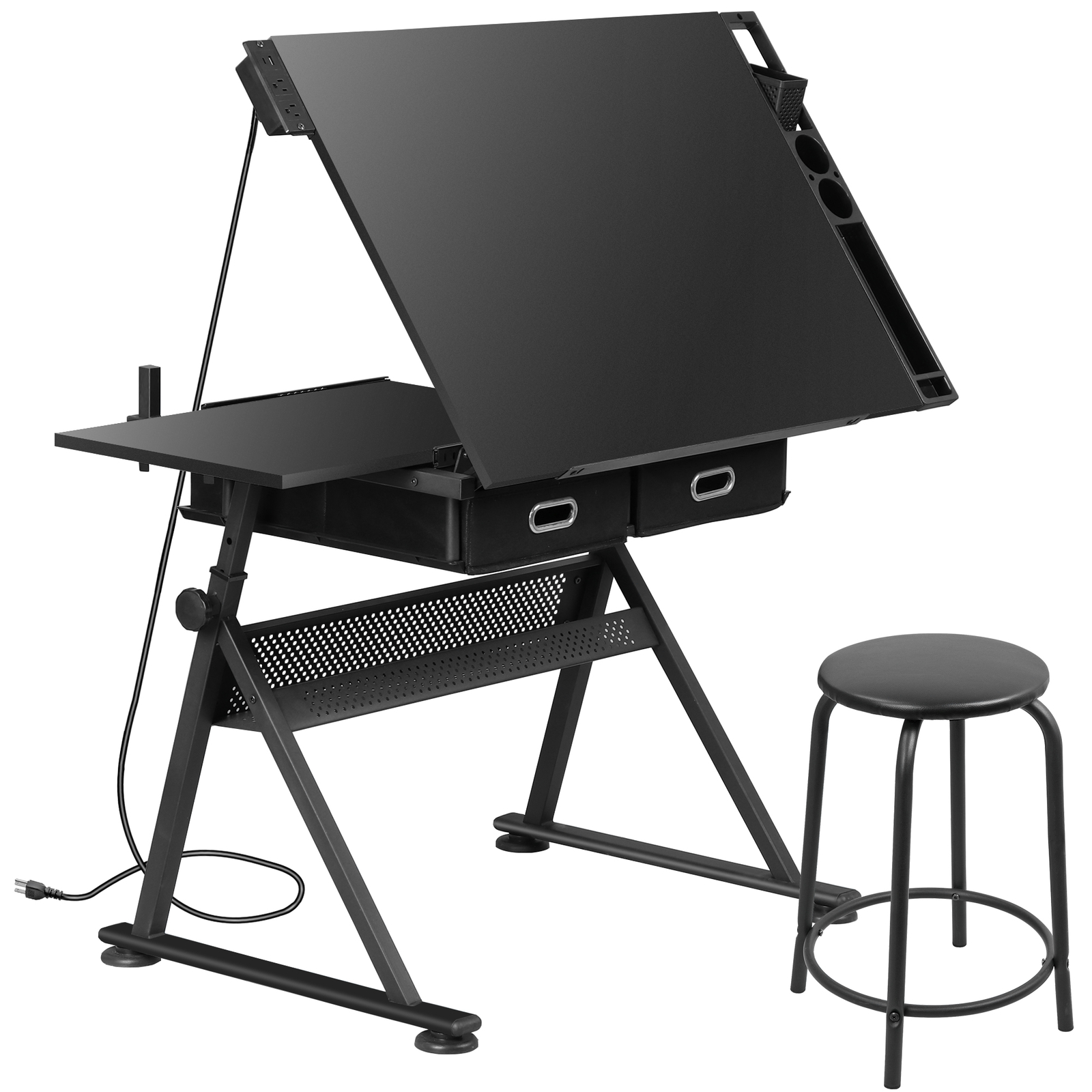 Drafting Table Drawing Desk Adjustable Tabletop w/Charging Station & Stool Black
