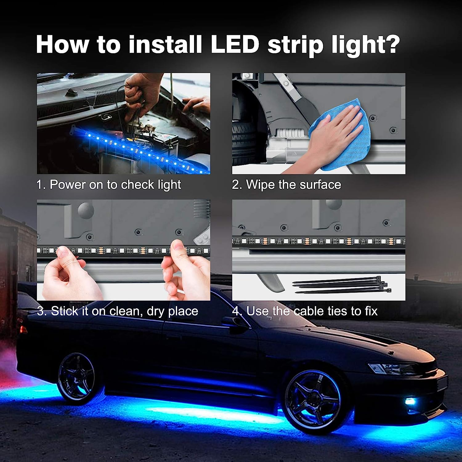RGB LED Remote Strip Under Car Tube Underglow Underbody System Neon Light Kit