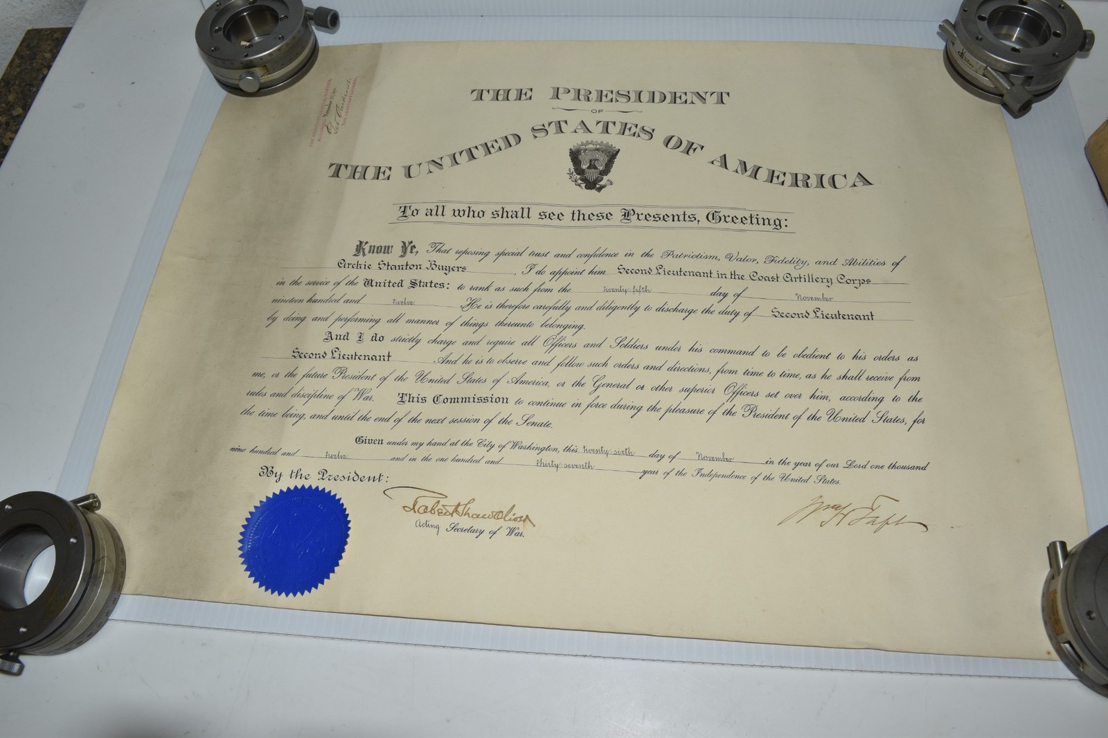 US OFFICIAL MILITARY COMMISSION NOV 1912 SIGNED BY PRESIDENT WILLIAM TAFT (AYK2)