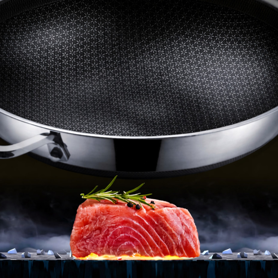 12" Hybrid Stainless Steel Nonstick Wok Pan w/Lid Induction Stir Fry HexClad