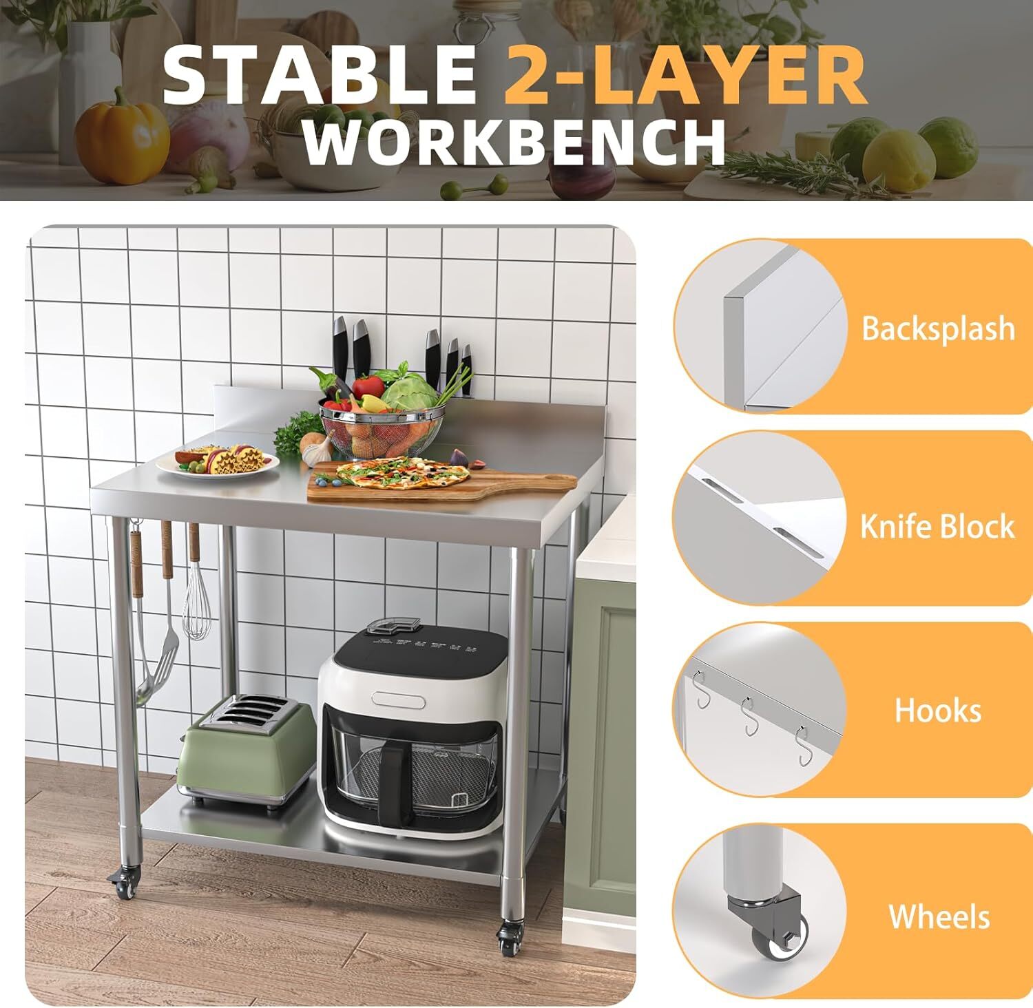 Stainless Steel Table with Shelves and Drawer Prep Table Work Tables Workbench