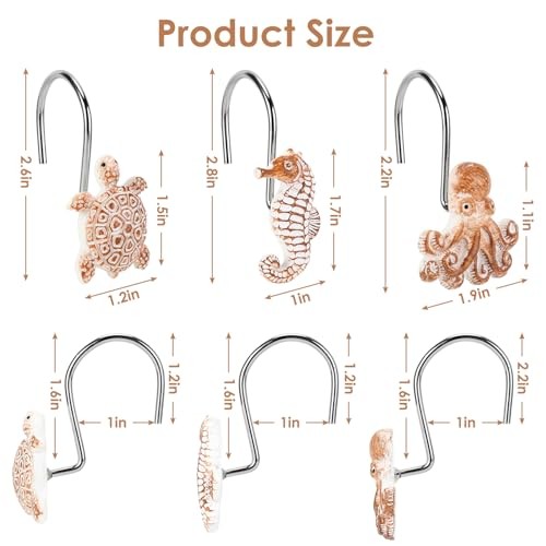 Seashell Shower Curtain Hooks, 12Pcs Decorative Anti Turtle Starfish Octopus
