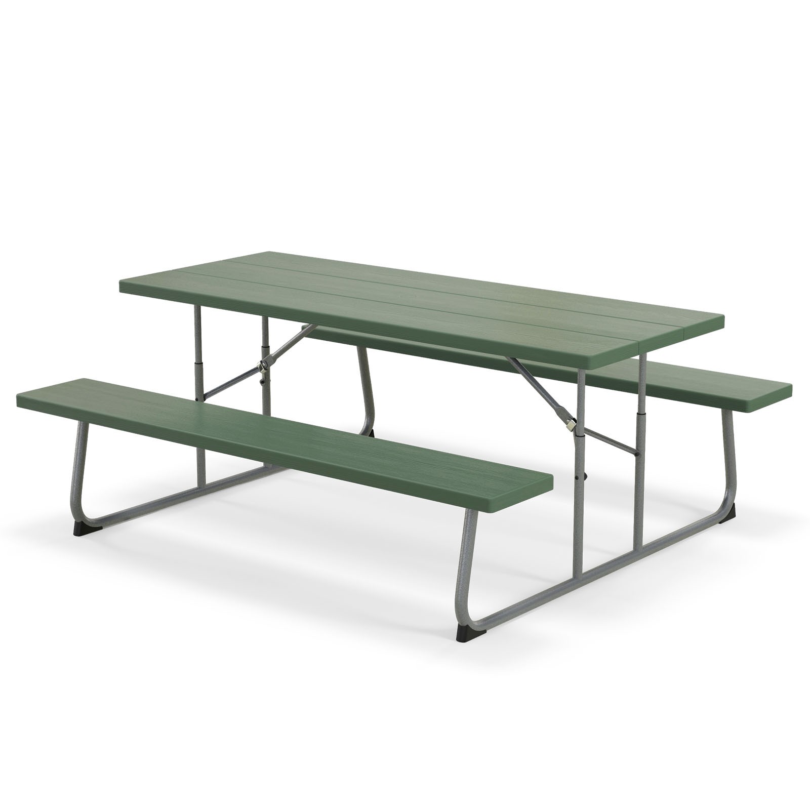 Folding Picnic Table w/ 2 Benches All Weather Wood-like Tabletop Umbrella Hole