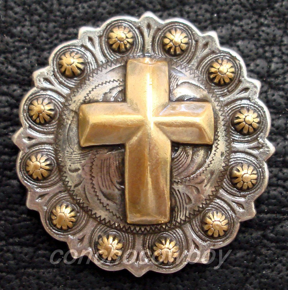 WESTERN SADDLE HORSE TACK ANTIQUE ENGRAVED GOLD CROSS BERRY CONCHO screw back