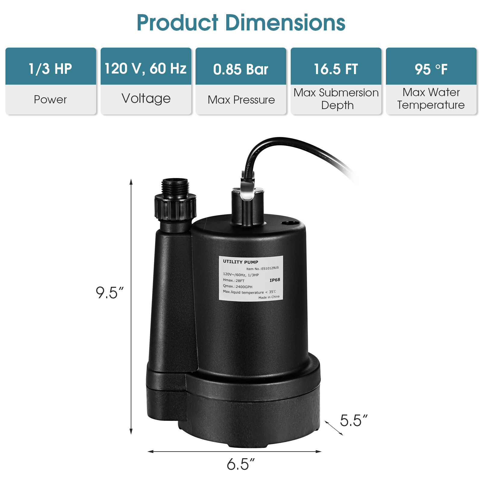 Submersible Water Pump 1/3HP 2400GPH Portable Water Transfer Pump for Pool Pond
