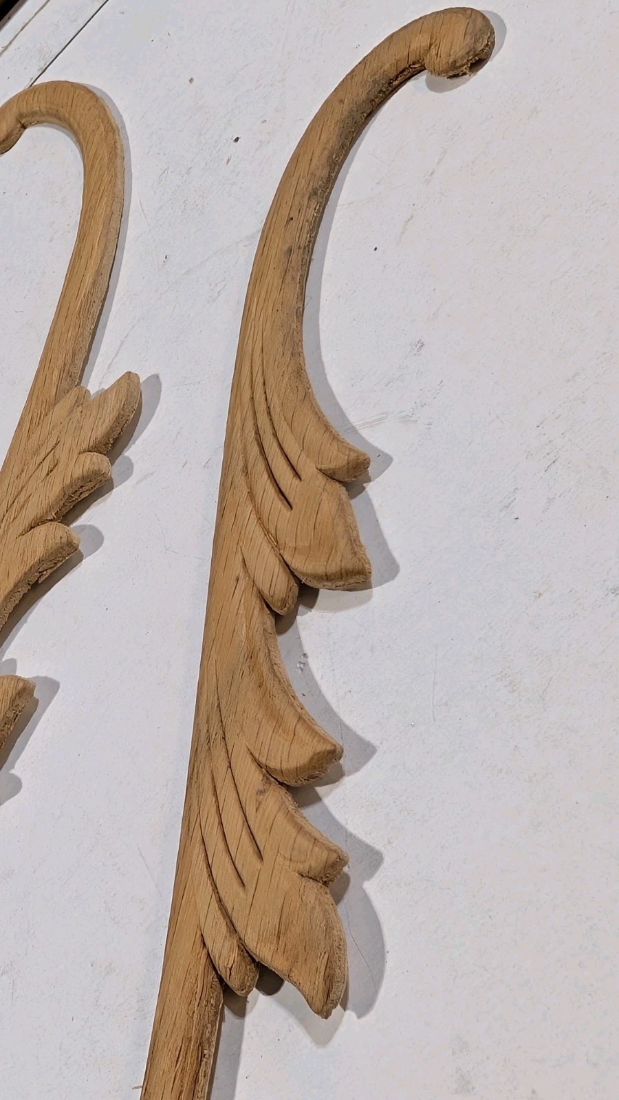 Vintage Red Oak Embossed Wood Appliques Pair 12" Long Scroll Onlay NOS Furniture