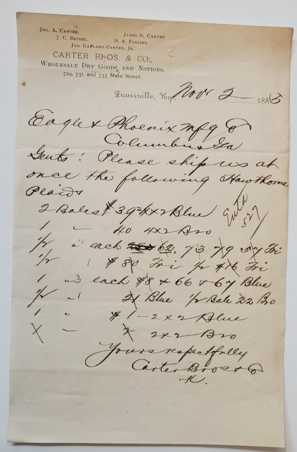1883 Invoice, Carter Bros. & Co., Wholesale Dry Goods/Notions, Louisville, KY,