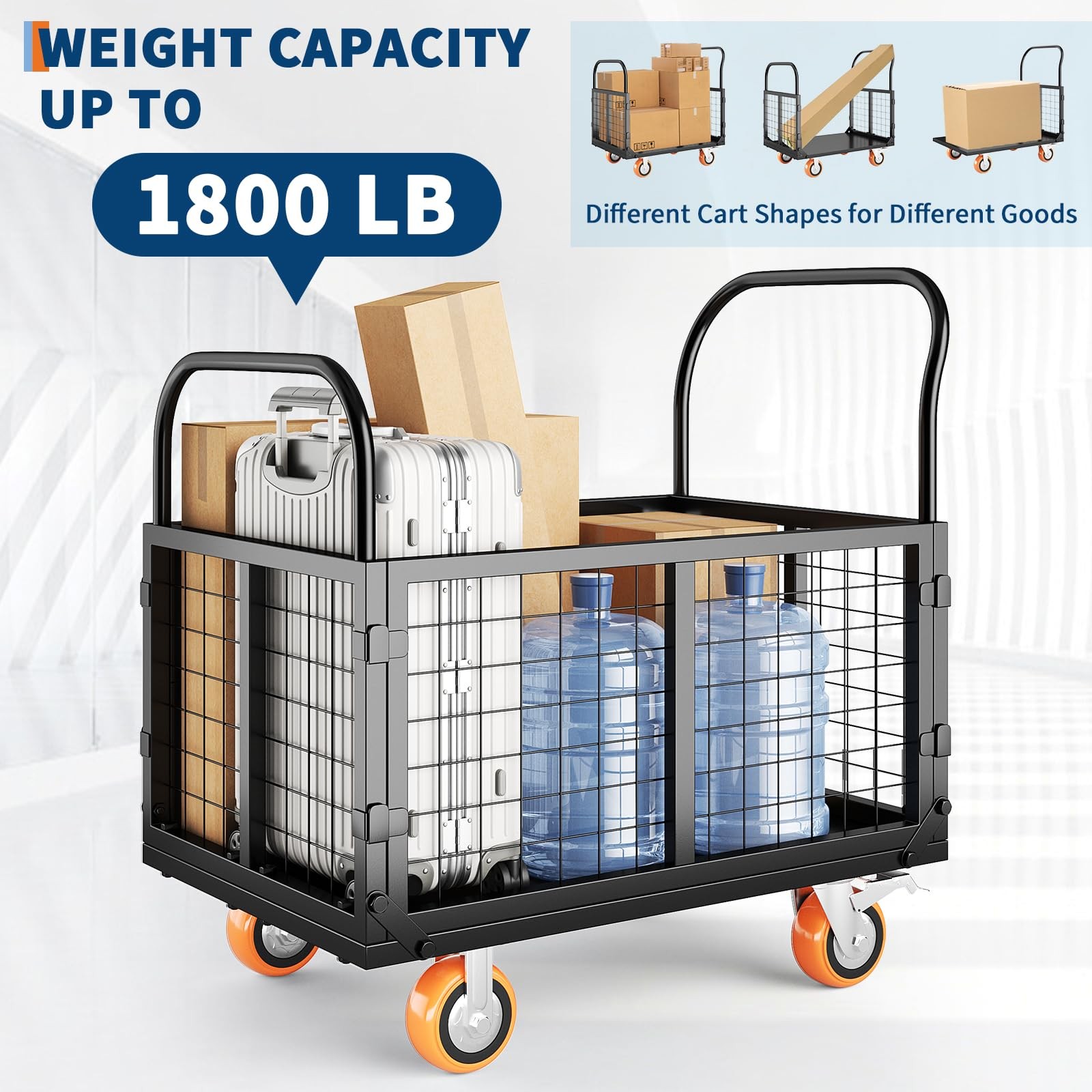 Platform Truck Cart with Cage 6 in 1 Heavy Duty Push Cart Dolly 1800LBS Capacity