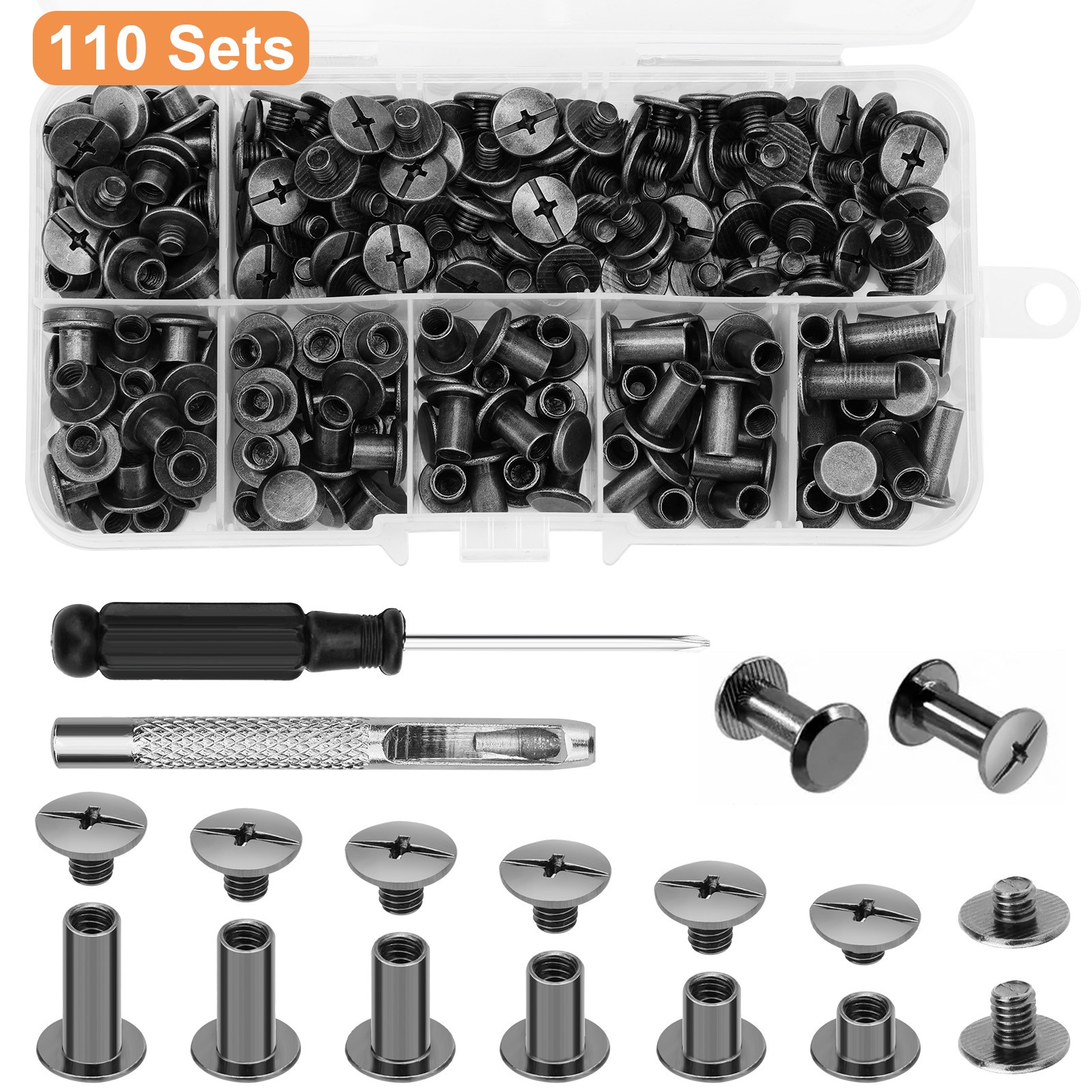 110 PCS Double Leather Rivet Screws Kit 6 Sizes for DIY Crafts Bookbinding Bags