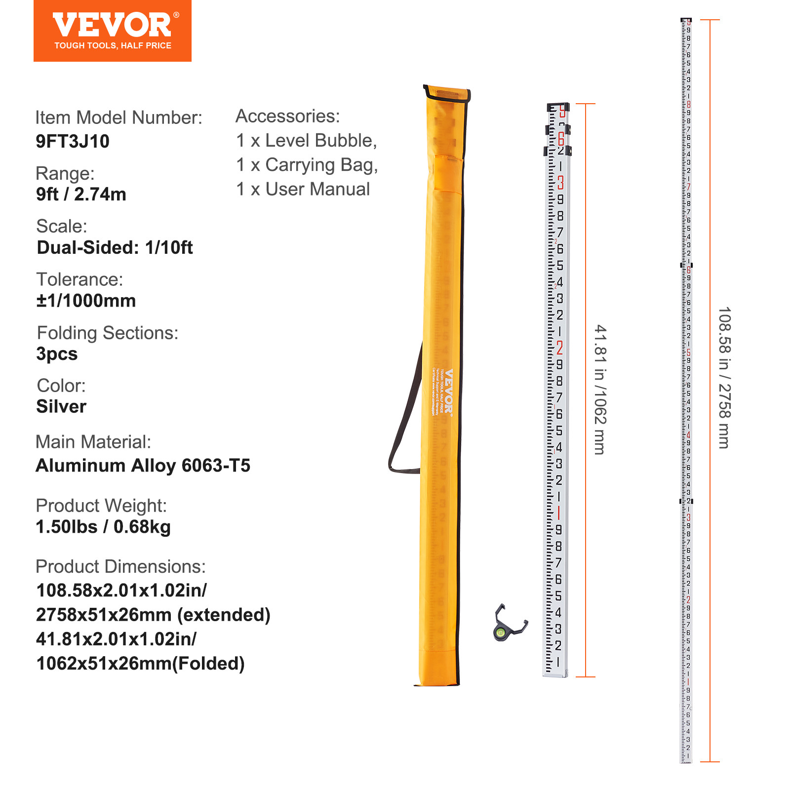 VEVOR Measuring Rod 9-Feet/10ths 3 Sections Telescopic Grade Rod 1/10ft w/ Bag