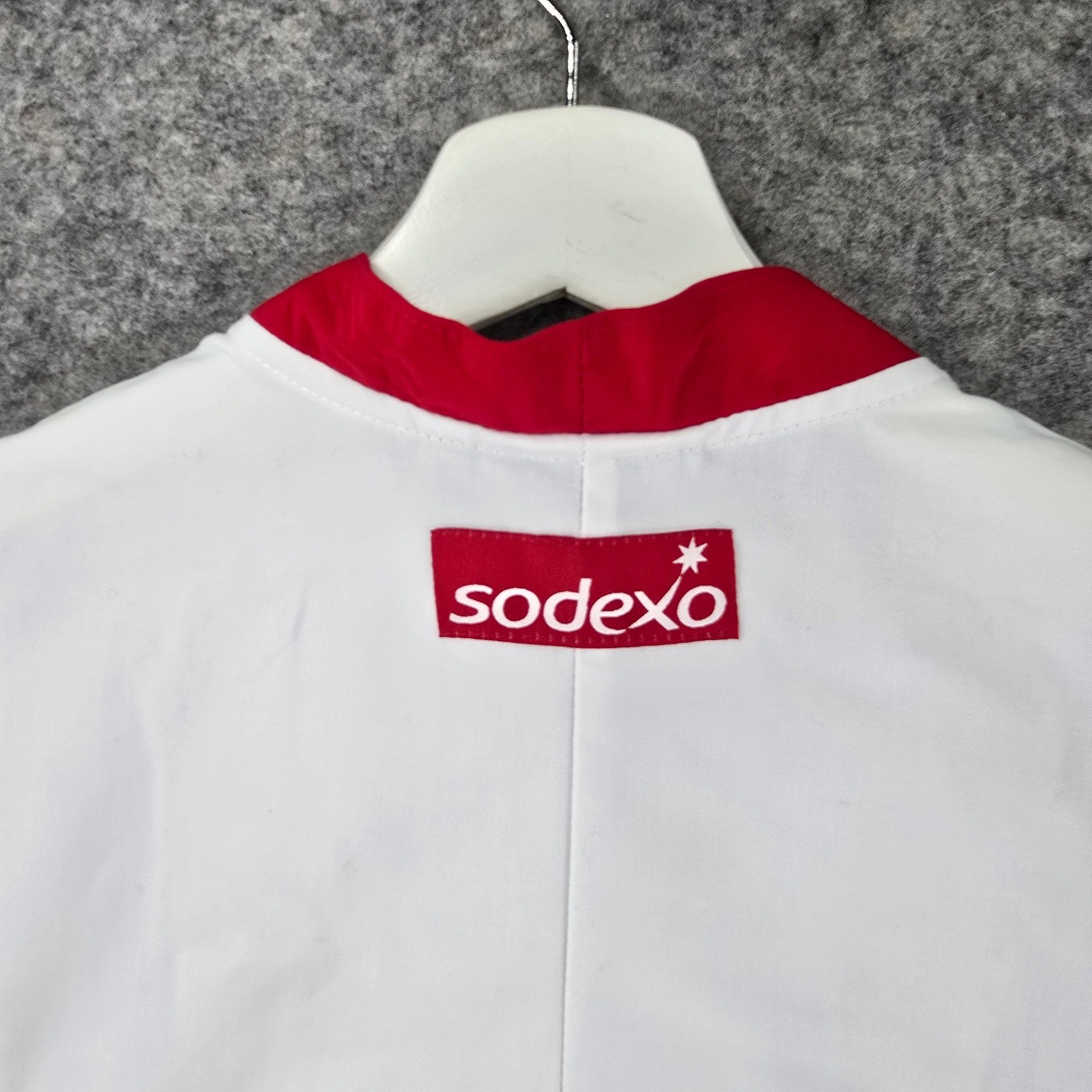Sodexo White Chef Coat Red Trim Double Breasted Snap Button Size XS Unisex