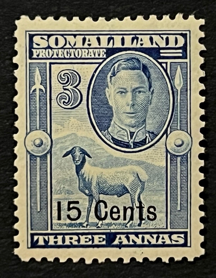Travelstamps: 1942 Somaliland Stamps Sc #118 Sg 107 - 15c on 3 Annas KGVI MOGH