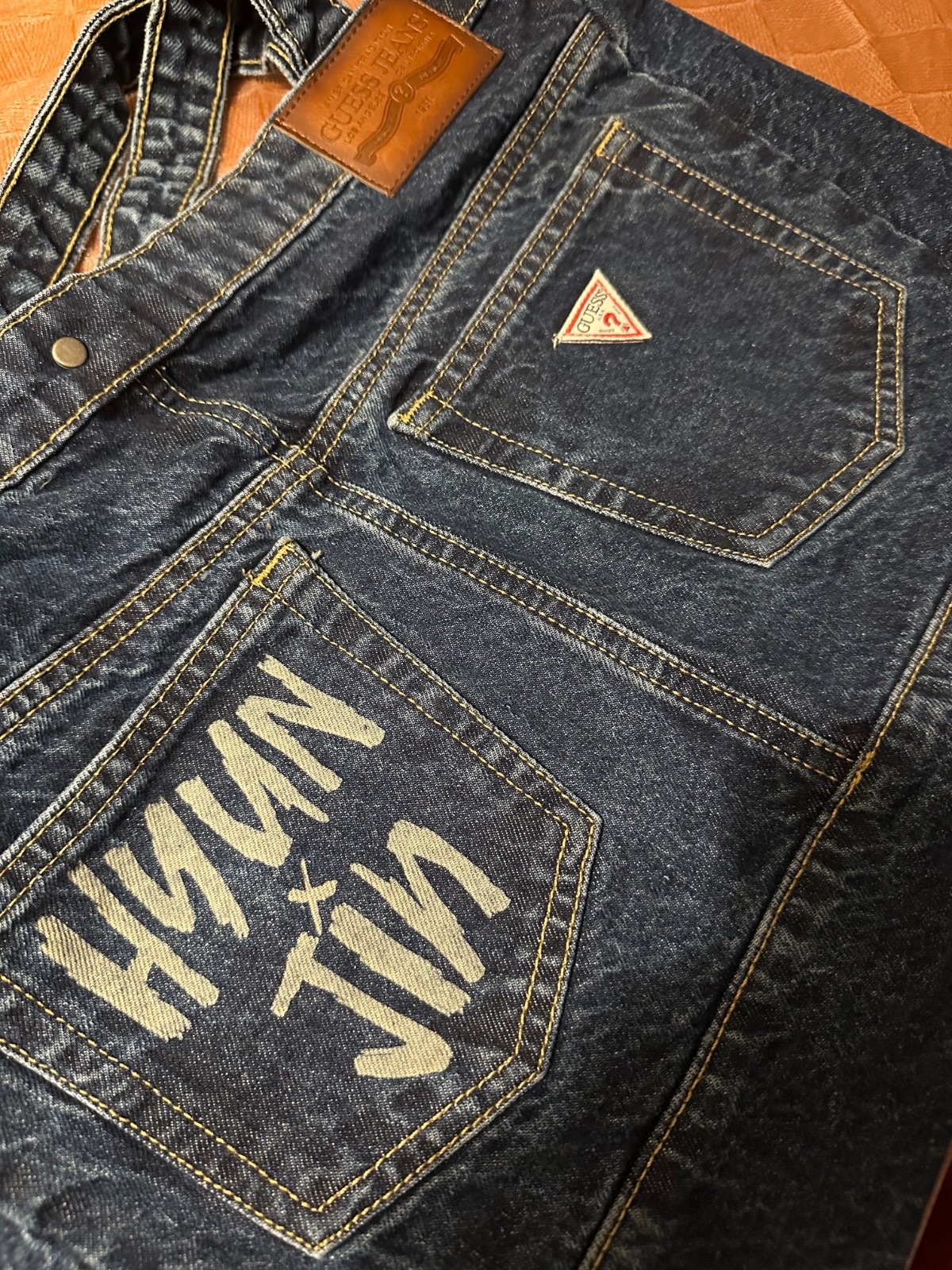 hyunjin x guess jeans tote bag engraving on the front and on the back pocket